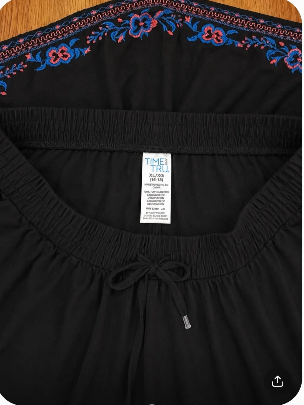 Time And Tru Maxi Skirt Black Floral Embroidered Drawstring